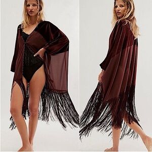 NWOT Free People Velvet Dreams Fringe Kimono In Color Aubergine Brown One Size